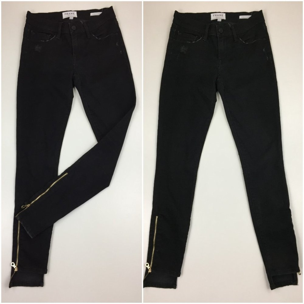 FRAME Le Skinny De Jeanne Graphite Long Ankle Zip Distressed Step Hem Jeans
